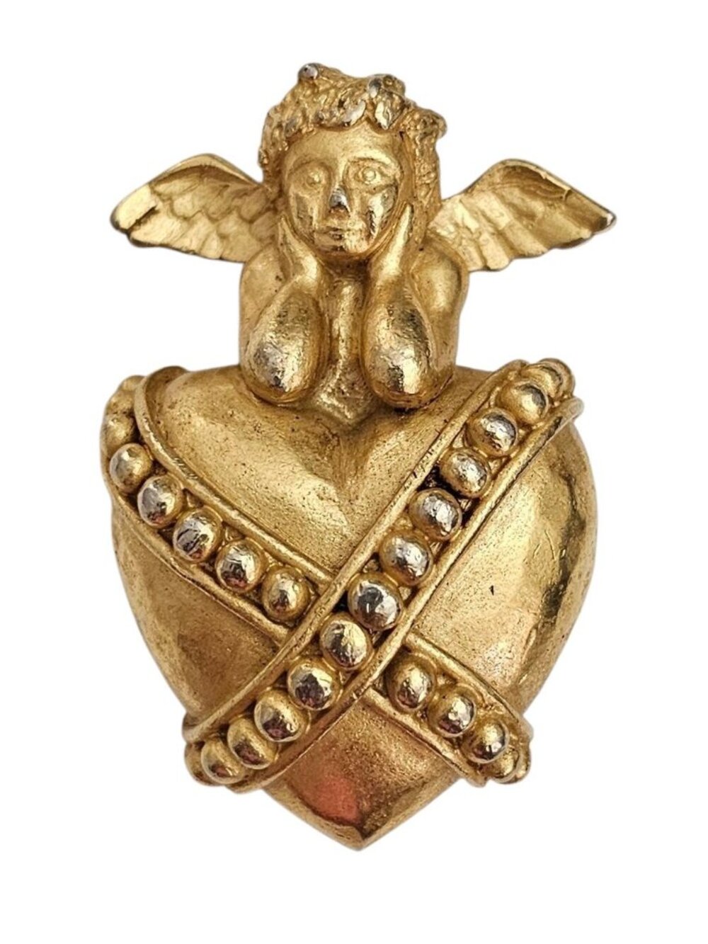 Carolee Cupid Heart Brooch, Matte Gold Tone Pin Signed, J62